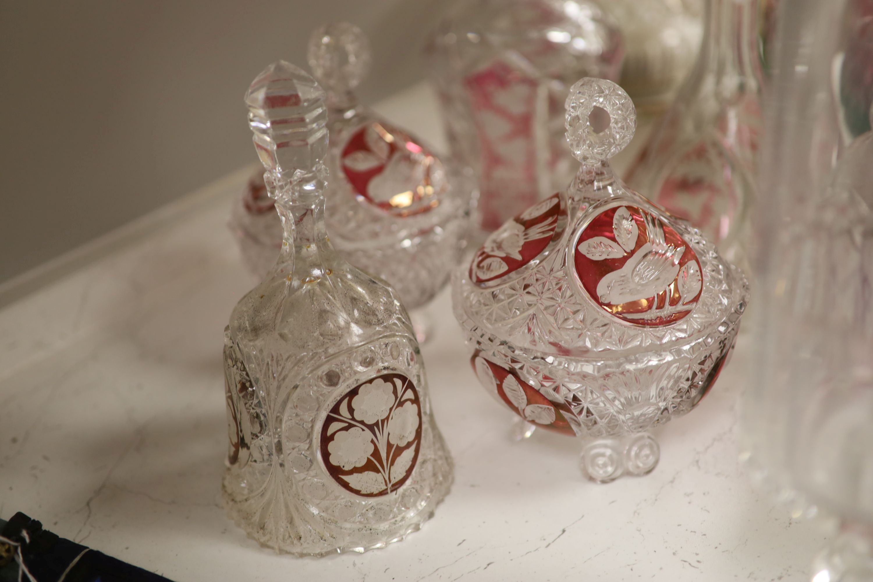 A quantity of mixed, cut, etched and overlaid glass, tallest 54cm